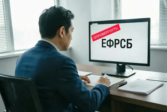 Мужчина в костюме сидит за столом, работает за компьютером. На экране надпись «ОПРОВЕРГНУТЬ ЕФРСБ». На столе лежат бумаги и ручка.